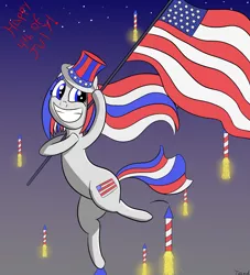 Size: 2000x2200 | Tagged: safe, artist:tazool, derpibooru import, oc, unofficial characters only, earth pony, pony, 4th of july, american flag, cute, female, fireworks, grin, hat, holiday, hopping, jumping, night, ocbetes, patriotic, smiling, standing, standing on one leg, stars, top hat, united states