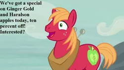 Size: 800x450 | Tagged: safe, derpibooru import, edit, edited screencap, screencap, big macintosh, pony, hard to say anything, bronybait, cute, dialogue, horse collar, macabetes