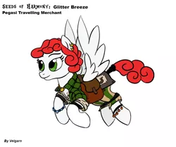 Size: 1000x838 | Tagged: safe, artist:velgarn, derpibooru import, oc, unofficial characters only, pegasus, pony, adventurer, anklet, armor, bag, cutie mark holder, female, flying, jewelry, mare, necklace, rpg, saddle bag, seeds of harmony, simple background, solo, tabletop game