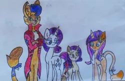 Size: 1080x701 | Tagged: artist needed, safe, derpibooru import, capper dapperpaws, rarity, abyssinian, anthro, hybrid, pony, unicorn, my little pony: the movie, anthro with ponies, capperity, clothes, coat, family, female, interspecies offspring, male, mare, offspring, parent:capper, parent:rarity, parents:capperity, shipping, simple background, straight, traditional art, white background