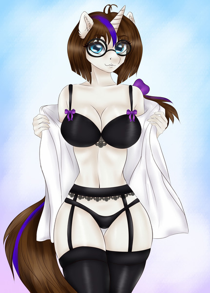 Size: 5800x8072 | Tagged: questionable, artist:hierophant_green, derpibooru import, oc, oc:crystal lens, anthro, unicorn, bra, breasts, clothes, coat, female, glasses, lingerie, panties, shirt, socks, solo, stockings, thigh highs, underwear, undressing