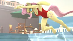 Size: 1920x1080 | Tagged: safe, artist:joshypep, derpibooru import, fluttershy, anthro, bat pony, unguligrade anthro, 3d, armpits, baywatch, breasts, busty fluttershy, cleavage, clothes, female, flutterbat, goggles, lifeguard, nexgen, one-piece swimsuit, race swap, solo, source filmmaker, swimming pool, swimsuit