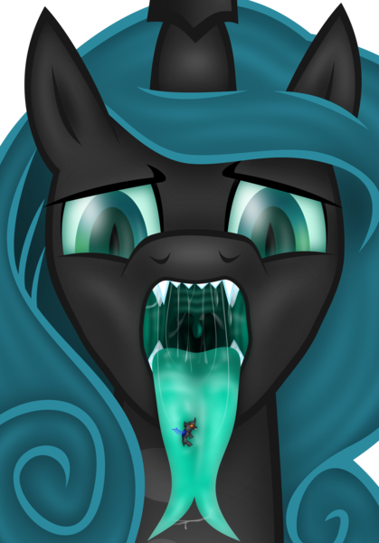 Size: 4200x6013 | Tagged: suggestive, artist:emu34b, derpibooru import, queen chrysalis, oc, oc:leo, changeling, changeling queen, bust, drool, drool string, fangs, female, fetish, forked tongue, long tongue, looking at you, maw, mawshot, micro, open mouth, reversalis, tongue out, vore
