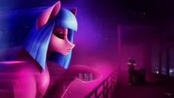 Size: 2560x1440 | Tagged: safe, artist:das_leben, derpibooru import, pony, unicorn, blade runner, blade runner 2049, female, hologram, horn, male, night