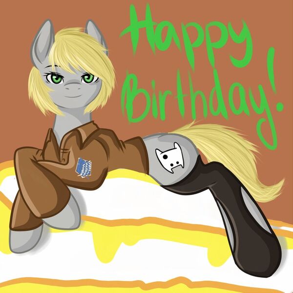 Size: 900x900 | Tagged: safe, artist:kira-minami, derpibooru import, oc, unofficial characters only, earth pony, pony, clothes, female, happy birthday, looking at you, lying down, mare, shirt, smiling, socks, solo