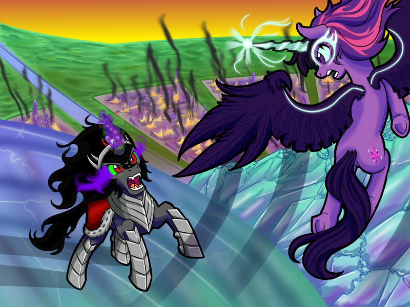 Size: 2000x1500 | Tagged: safe, artist:redahfuhrerking, derpibooru import, king sombra, twilight sparkle, twilight sparkle (alicorn), ponified, alicorn, pony, umbrum, equestria girls, crystal empire, equestria girls ponified, fire, midnight sparkle, princess midnight