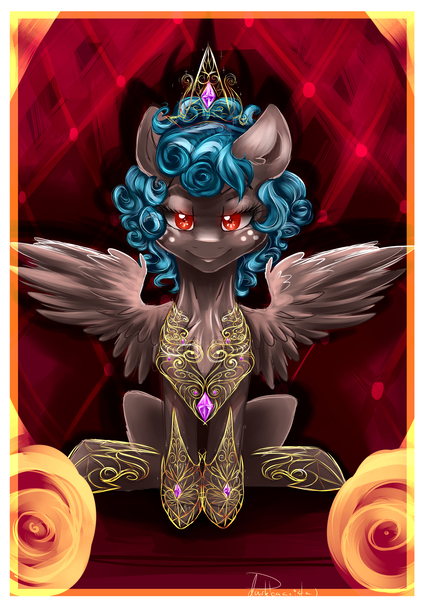 Size: 3508x4961 | Tagged: safe, artist:dankpegasista, derpibooru import, cozy glow, pegasus, pony, bad end, big crown thingy, element of magic, evil grin, female, filly, gemstones, grin, jewelry, pure concentrated unfiltered evil of the utmost potency, pure unfiltered evil, queen, red eyes, regalia, royalty, smiling, solo, throne