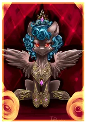 Size: 3508x4961 | Tagged: safe, artist:dankpegasista, derpibooru import, cozy glow, pegasus, pony, bad end, big crown thingy, element of magic, evil grin, female, filly, gemstones, grin, jewelry, pure concentrated unfiltered evil of the utmost potency, pure unfiltered evil, queen, red eyes, regalia, royalty, smiling, solo, throne