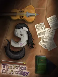 Size: 1500x2000 | Tagged: safe, artist:paracompact, derpibooru import, octavia melody, pony, atg 2019, cello, crying, female, lying down, messy mane, messy tail, music, musical instrument, newbie artist training grounds, sad, solo, somber