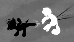 Size: 1900x1074 | Tagged: safe, artist:paracompact, derpibooru import, earth pony, pony, atg 2019, black and white, bucking, grayscale, minimalist, modern art, monochrome, newbie artist training grounds, silhouette, simple, simple background, violence