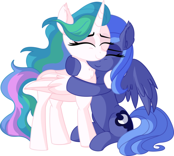 Size: 7052x6356 | Tagged: safe, artist:cyanlightning, derpibooru import, princess celestia, princess luna, alicorn, pony, .svg available, absurd resolution, awww, cute, duo, ear fluff, eyes closed, female, holding, hug, mare, missing accessory, siblings, simple background, sisterly love, sisters, sitting, smiling, standing, transparent background, vector, weapons-grade cute