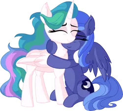 Size: 7052x6356 | Tagged: safe, artist:cyanlightning, derpibooru import, princess celestia, princess luna, alicorn, pony, .svg available, absurd resolution, awww, cute, duo, ear fluff, eyes closed, female, holding, hug, mare, missing accessory, siblings, simple background, sisterly love, sisters, sitting, smiling, standing, transparent background, vector, weapons-grade cute