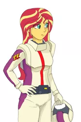 Size: 987x1477 | Tagged: safe, artist:theyellowcoat, derpibooru import, sunset shimmer, human, equestria girls, amuro ray, clothes, determined, flight suit, gundam, hands on hip, helmet