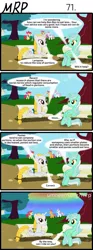 Size: 800x2153 | Tagged: safe, artist:umneem, derpibooru import, apple bloom, lyra heartstrings, scootaloo, sweetie belle, oc, oc:dispersion, earth pony, pegasus, pony, unicorn, comic:my rational pony, comic, cutie mark crusaders, female, mare, meme, park bench, rainbow, rocket, sitting, sitting lyra, tree