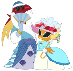 Size: 1016x991 | Tagged: artist:queencold, bracelet, brother and sister, clothes, crossdressing, derpibooru import, dragon, dragoness, dress, duo, fan, female, flower, garble, gloves, hat, jewelry, male, safe, siblings, simple background, smolder, sunglasses, transparent background, umbrella