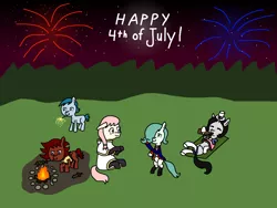 Size: 4048x3036 | Tagged: safe, derpibooru import, oc, oc:emerald jewel, oc:hope blossoms, oc:joyride, oc:larimar, oc:ruby rouge, pony, colt quest, 4th of july, campfire, clothes, continental army, femboy, fireworks, holiday, kebab, male, missing cutie mark, sparkler (firework), towel, uniform