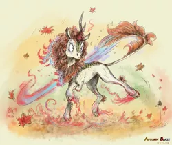 Size: 2643x2215 | Tagged: artist:annitart, autumn blaze, derpibooru import, digital painting, fire, frown, kirin, leaves, nirik, safe, signature, solo, this will end in death, this will end in pain, this will end in pain and/or death, transformation