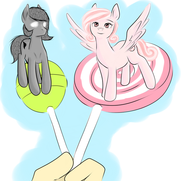 Size: 2000x2000 | Tagged: safe, artist:kira-minami, derpibooru import, oc, unofficial characters only, earth pony, human, pegasus, pony, candy, female, food, glowing eyes, lollipop, looking at you, mare, offscreen character, pov, spread wings, tiny, tiny ponies, wings