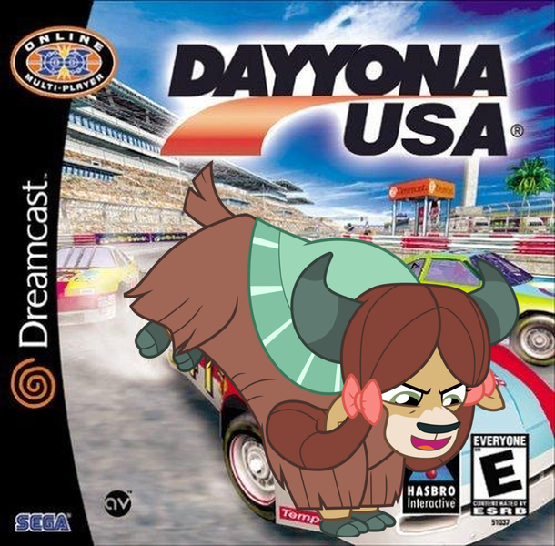 Size: 1280x1260 | Tagged: bow, car, cloven hooves, daytona usa, derpibooru import, dreamcast, driving, edit, female, hair bow, hasbro interactive, monkey swings, race track, racing, safe, sega, sega dreamcast, video game, video game cover, yak, yona