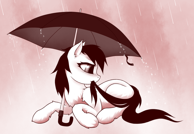 Size: 1300x900 | Tagged: safe, artist:rainbow, derpibooru import, oc, pony, biting, cute, fluffy, prone, rain, solo, tail bite, umbrella