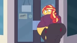 Size: 2560x1440 | Tagged: suggestive, artist:neongothic, derpibooru import, sunset shimmer, equestria girls, bbw, belly, big belly, bunset shimmer, butt, fat, huge belly, huge butt, large butt, morbidly obese, obese, ripped pants, slobset shimmer, solo, ssbbw, story included, wardrobe malfunction, weight gain