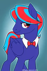 Size: 726x1080 | Tagged: safe, artist:kyotokisha15, derpibooru import, oc, oc:hellfire, pegasus, pony, blue fur, bowtie, male, red eyes