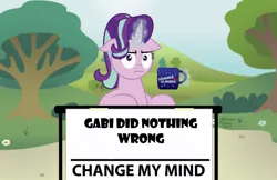 Size: 1024x662 | Tagged: safe, artist:aleximusprime, derpibooru import, edit, starlight glimmer, pony, unicorn, marks for effort, :i, attack on titan, change my mind, coffee mug, crossing the memes, female, floppy ears, i mean i see, looking at you, magic, mare, meme, mug, obligatory pony, solo, steven crowder, telekinesis, template, tree