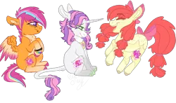 Size: 2000x1176 | Tagged: safe, artist:dashkatortik12222222, derpibooru import, apple bloom, scootaloo, sweetie belle, classical unicorn, pony, unicorn, alternate design, bow, cloven hooves, colored wings, colored wingtips, cutie mark crusaders, leonine tail, pale belly, piercing, tail bow, unshorn fetlocks, wings