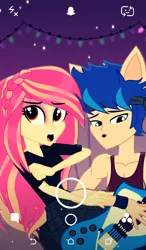 Size: 616x1055 | Tagged: safe, artist:galacticflashd, derpibooru import, oc, oc:dylan rapid, oc:styler selvano, human, equestria girls, alternate hairstyle, duo, female, guitar, makeup, male, musical instrument, oc x oc, selfie, shipping, snapchat, straight