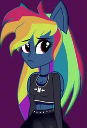 Size: 835x1219 | Tagged: safe, artist:galacticflashd, derpibooru import, rainbow dash, equestria girls, secrets and pies, adorapiehater, alternate universe, breasts, busty rainbow dash, cleavage, clothes, cute, dashabetes, equestria girls-ified, evil pie hater dash, female, looking at you, makeup, midriff, ponied up, sad, sadorable, short shirt, show accurate, shy, solo, wings
