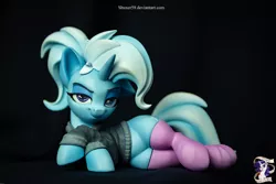Size: 5568x3712 | Tagged: safe, artist:ncmares, artist:shuxer59, artist:v747, derpibooru import, trixie, pony, alternate hairstyle, clothes, collaboration, craft, female, figurine, looking at you, sculpture, shirt, socks, solo, stockings, thigh highs