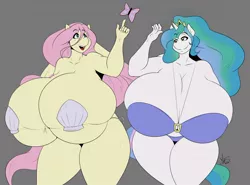 Size: 1280x945 | Tagged: suggestive, artist:mrsakai, color edit, derpibooru import, edit, editor:anglewulf3, fluttershy, princess celestia, anthro, bat pony, butterfly, absolute cleavage, big breasts, blushing, bra, breasts, busty fluttershy, busty princess celestia, cleavage, clothes, colored, crown, duo, duo female, female, flutterbat, gray background, huge breasts, hyper, hyper breasts, impossibly large breasts, jewelry, open mouth, race swap, regalia, simple background, squishy, swimsuit, underwear