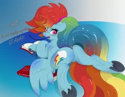 Size: 7500x5839 | Tagged: suggestive, artist:lunarcipher1, derpibooru import, rainbow dash, pegasus, pony, absurd resolution, angry, beautiful, blushing, book, butt, cute, dashabetes, dock, embarrassed, female, flank, floppy ears, frog (hoof), full body, gradient background, hairband, heart eyes, laying on stomach, long mane, long tail, looking back, mare, open book, open mouth, plot, raised tail, solo, solo female, tail, text, underhoof, wing open, wingding eyes