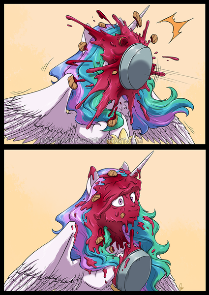 Size: 993x1401 | Tagged: safe, artist:hazurasinner, derpibooru import, princess celestia, alicorn, pony, 2 panel comic, comic, female, food, gradient background, image, large wings, mare, pie, pie in the face, pied, png, raised hoof, signature, simple background, solo, spread wings, this will end in tears and/or a journey to the moon, watermark, wings, yellow background