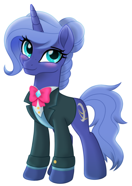 Size: 787x1108 | Tagged: safe, artist:prince-lionel, deleted from derpibooru, derpibooru import, oc, oc:midnight starfall, pony, unicorn, blushing, bow, bowtie, clothes, movie accurate, not luna, simple background, solo, transparent background, tuxedo