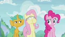 Size: 1280x720 | Tagged: safe, derpibooru import, screencap, fluttershy, pinkie pie, snails, earth pony, pegasus, pony, unicorn, 2 4 6 greaaat, colt, cute, diasnails, female, foal, imminent vomiting, male, mare, puffy cheeks, sideways glance, trio