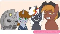 Size: 400x230 | Tagged: safe, derpibooru import, editor:fluttershyisnot adoormat, oc, oc:calamity, oc:littlepip, oc:steelhooves, oc:velvet remedy, earth pony, pegasus, pony, unicorn, fallout equestria, fanfic, armor, clothes, cowboy hat, dashite, fanfic art, female, grammar error, grin, hat, horn, male, mare, me and the boys, meme, power armor, simple background, smiling, stallion, steel ranger, vault suit, wings