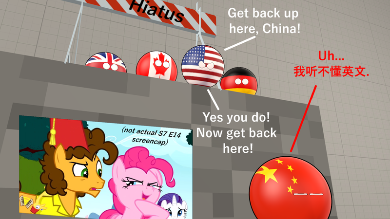 Size: 1920x1080 | Tagged: safe, anonymous artist, derpibooru import, cheese sandwich, pinkie pie, pony, the last laugh, 3d, canada, china, chinese text, germany, hiatus, metaphor, polandball, source filmmaker, translated in the description, united kingdom, united states