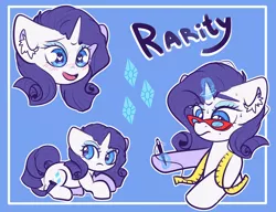 Size: 2600x2000 | Tagged: safe, artist:etoz, derpibooru import, part of a set, rarity, pony, unicorn, blushing, bust, cute, cutie mark, ear fluff, female, glasses rarity, heart eyes, magic, mare, measuring tape, multeity, needle, open mouth, portrait, raribetes, rarity's cutie mark, rarity's glasses, solo, sweat, telekinesis, thread, wingding eyes