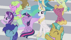 Size: 450x253 | Tagged: safe, derpibooru import, screencap, citrine spark, clever musings, cloudburst, daisy, fire flicker, fire quacker, flower wishes, gallus, princess celestia, sandbar, starlight glimmer, twilight sparkle, twilight sparkle (alicorn), alicorn, earth pony, pony, 2 4 6 greaaat, animated, background pony, chinese text, female, friendship student, jewelry, male, regalia, subtitles, traditional royal canterlot voice