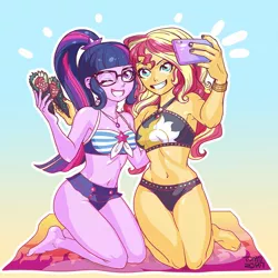 Size: 900x900 | Tagged: safe, artist:babtyu, derpibooru import, sci-twi, sunset shimmer, twilight sparkle, equestria girls, equestria girls series, armpits, barefoot, belly button, bikini, bikini babe, clothes, cute, feet, female, food, geode of empathy, geode of telekinesis, glasses, magical geodes, midriff, mobile phone, nail polish, one eye closed, phone, ponytail, sarong, selfie, smartphone, summer sunset, sushi, sushi cone, swimsuit, wink