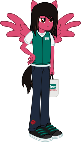 Size: 1639x2878 | Tagged: safe, artist:lightningbolt, derpibooru import, equestria girls, .svg available, bag, cashier, clothes, equestria girls-ified, hand on hip, jeans, lip piercing, male, mike fuentes, pants, pierce the veil, piercing, ponied up, pony ears, shirt, shoes, simple background, solo, svg, transparent background, vector, wings
