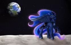 Size: 2340x1500 | Tagged: safe, artist:norica-official, derpibooru import, princess luna, alicorn, pony, earth, female, looking back, mare, moon, solo