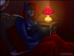 Size: 4000x3000 | Tagged: anthro, anthro oc, artist:cextraboy, bed, big breasts, book, breasts, cleavage, clothes, commission, derpibooru import, female, lamp, looking at you, mirror, nightstand, oc, oc:night coder, panties, pegasus, shirt, smiling, solo, solo female, suggestive, underwear, unofficial characters only, wings, ych result