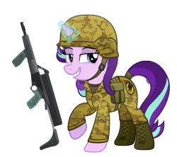 Size: 4500x4000 | Tagged: safe, artist:a4r91n, derpibooru import, starlight glimmer, pony, unicorn, assault rifle, boots, calico, calico m-900, camouflage, clothes, command and conquer, crossover, female, gdi glimmer, global defense initiative, grin, gun, helmet, lidded eyes, looking at you, magic, mare, military, military uniform, raised hoof, rifle, sergeant, shoes, simple background, smiling, smug, solo, tail wrap, telekinesis, transparent background, vector, weapon