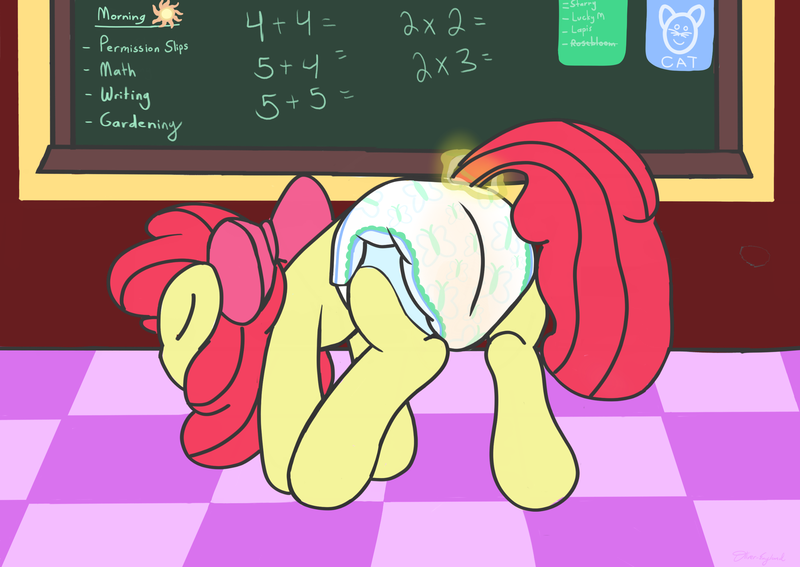 Size: 2358x1671 | Tagged: suggestive, artist:oliver-england, derpibooru import, apple bloom, earth pony, pony, bow, chalkboard, diaper, diaper fetish, female, fetish, filly, implied foalcon, levitation, long description, magic, story included, telekinesis, wet diaper