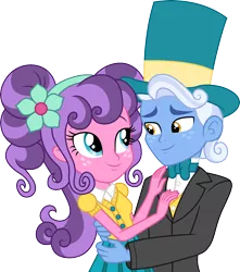 Size: 3000x3387 | Tagged: safe, artist:cloudyglow, derpibooru import, petunia petals, sunny skies, human, equestria girls, rainbow roadtrip, clothes, couple, cute, dress, equestria girls-ified, female, freckles, hat, high res, male, petalbetes, petuniasky, shipping, simple background, straight, suit, sunnydorable, top hat, transparent background