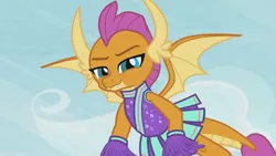 Size: 1920x1080 | Tagged: 2 4 6 greaaat, cheerleader outfit, cheerleader smolder, clothes, derpibooru import, dragon, dragoness, female, flying, pleated skirt, pom pom, safe, screencap, skirt, smolder, solo