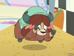 Size: 914x694 | Tagged: animated, bow, breaking the fourth wall, cloven hooves, derpibooru import, dream, edit, edited screencap, female, gif, gifs.com, hair bow, levitation, loop, magic, monkey swings, perfect loop, perfect timing, safe, screencap, solo, telekinesis, uprooted, yak, yona