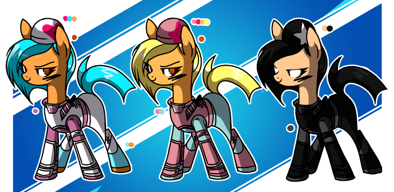 Size: 2052x1000 | Tagged: safe, artist:anyazen, derpibooru import, oc, oc:dusty skully, oc:pastel skully, oc:shadow skully, unofficial characters only, earth pony, pony, armor, boots, clothes, female, fortnite, gloves, knife, makeup, mare, reference sheet, shoes, siblings, sisters